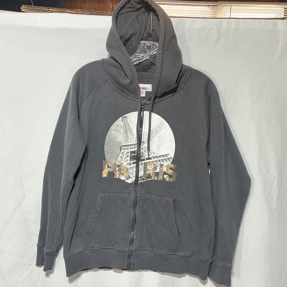 Bongo Womens Gray Zip-Up Hoodie with Paris Eiffel Graphic Sz L